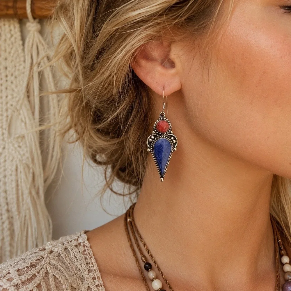 India Tibetan Handmade Dangle Lapis And Coral Gemstone Earrings Boho Ethnic